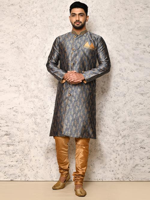grey silk blend sherwani ethnic wear set - 20881460 - Very Small Image - 1