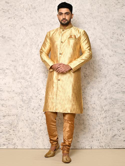 gold silk blend sherwani ethnic wear set - 20881461 - Very Small Image - 1