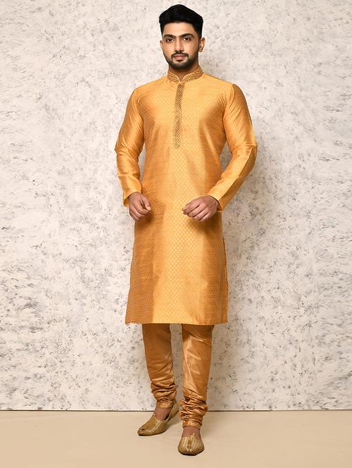 gold silk blend kurta pyjama ethnic wear set - 20881476 - Very Small Image - 1
