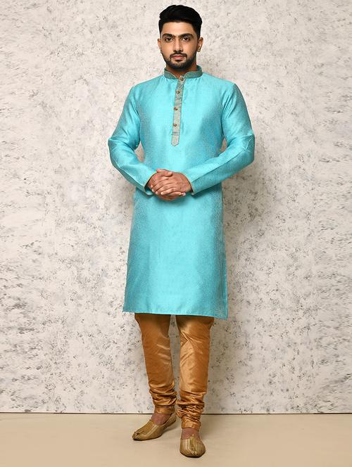 turquoise silk blend kurta pyjama ethnic wear set - 20881485 - Very Small Image - 1