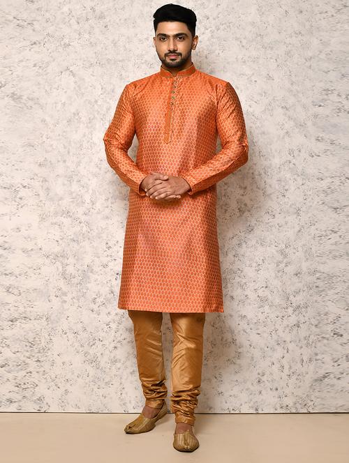 orange cotton blend kurta pyjama ethnic wear set - 20881490 - Very Small Image - 1