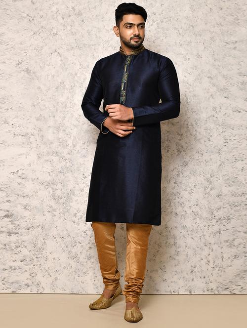 navy blue silk blend kurta pyjama ethnic wear set - 20881508 - Very Small Image - 1
