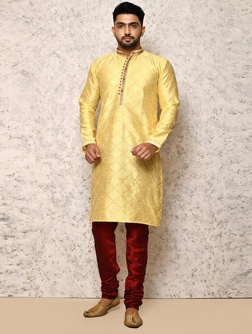 lemon yellow silk blend kurta pyjama ethnic wear set - 20881522 - Very Small Image - 1
