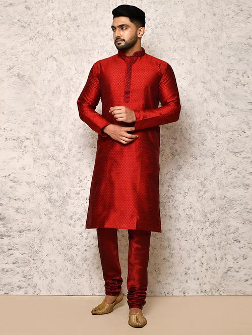 maroon silk blend kurta pyjama ethnic wear set - 20881523 - Very Small Image - 1