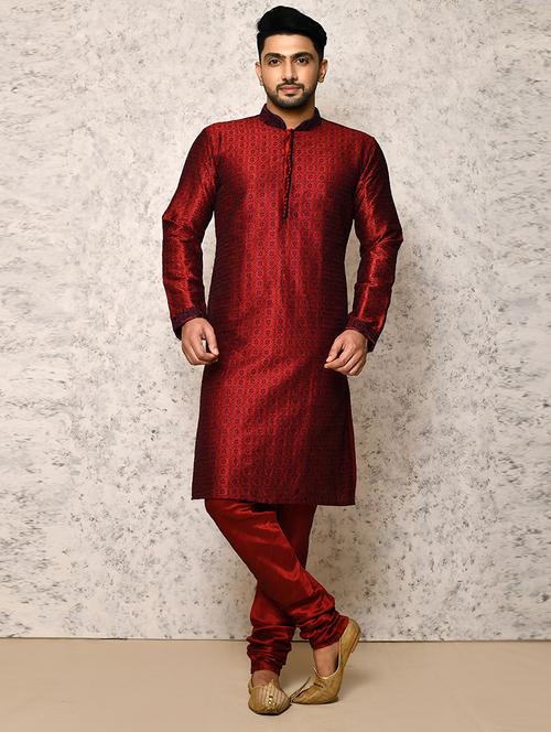 maroon silk blend kurta pyjama ethnic wear set - 20881544 - Very Small Image - 1