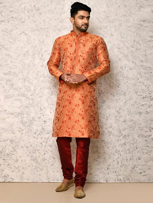 orange silk blend kurta pyjama ethnic wear set - 20881545 - Very Small Image - 1