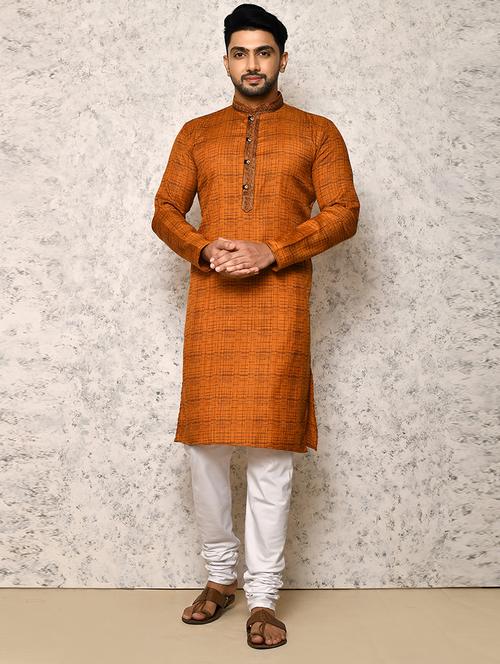 orange cotton blend kurta pyjama ethnic wear set - 20881550 - Very Small Image - 1