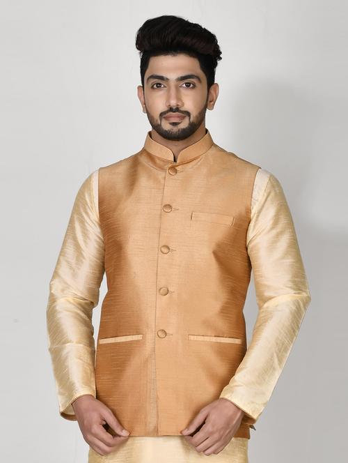 gold silk blend nehru jacket - 20881617 - Very Small Image - 1