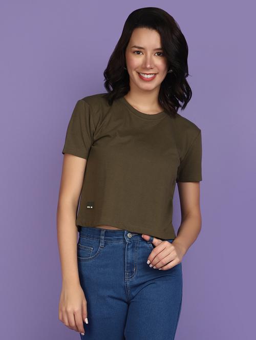 olive cotton plain crop t-shirt - 20884901 - Very Small Image - 1