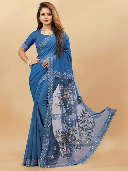 teal georgette embroidered saree with blouse - 20895713 - Very Small Image - 1