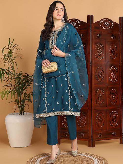 women teal round neck kurta pant set with dupatta - 20901481 - Very Small Image - 1