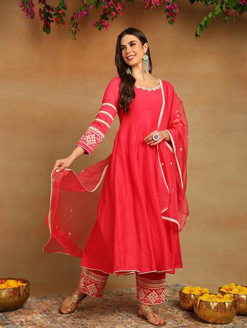 women pink round neck kurta palazzo set with dupatta - 20901484 - Very Small Image - 1