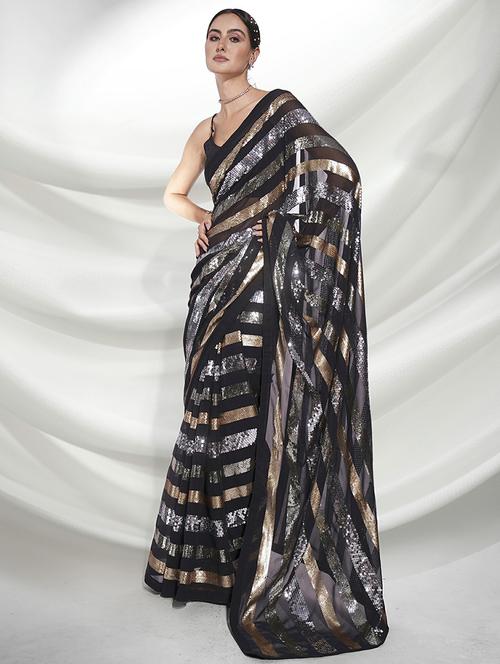 women black sequin work saree with blouse - 20901523 - Very Small Image - 1