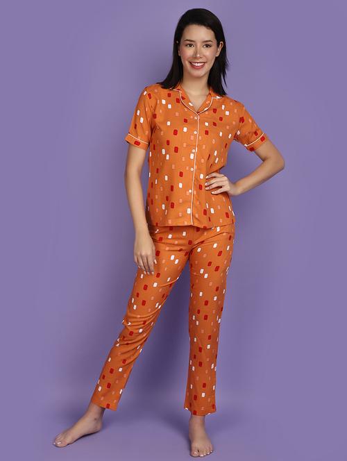 orange printed nightwear shirt & pyjama set - 20929227 - Very Small Image - 1