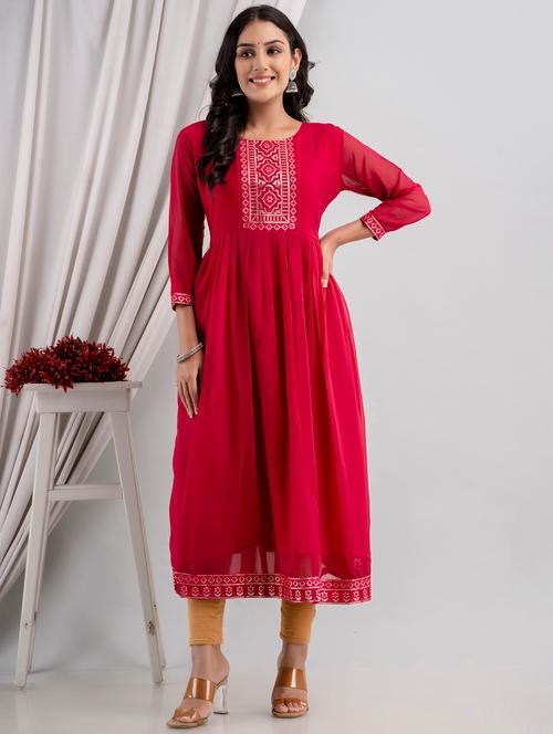 pink embroidered a-line kurta - 20932785 - Very Small Image - 1