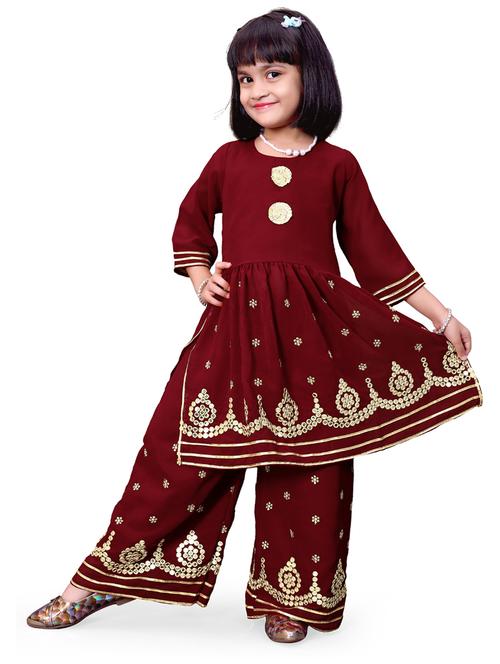 maroon round neck kurta palazzo set - 20942328 - Very Small Image - 1