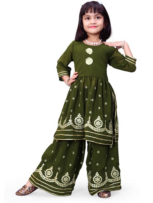 olive round neck kurta palazzo set - 20942332 - Very Small Image - 1