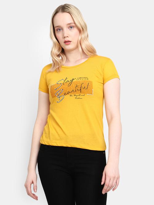 yellow chest printed round neck t-shirt - 20944666 - Very Small Image - 1
