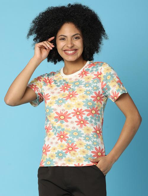 off white floral print cotton t-shirt - 20944914 - Very Small Image - 1