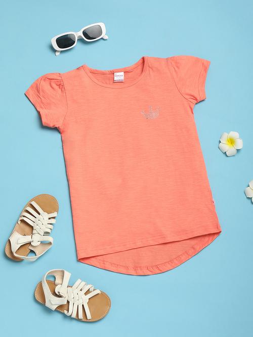 girls peach round neck short sleeves tee - 20945022 - Very Small Image - 1