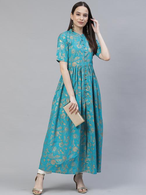 women blue mandarin neck flared kurta - 20947991 - Very Small Image - 1