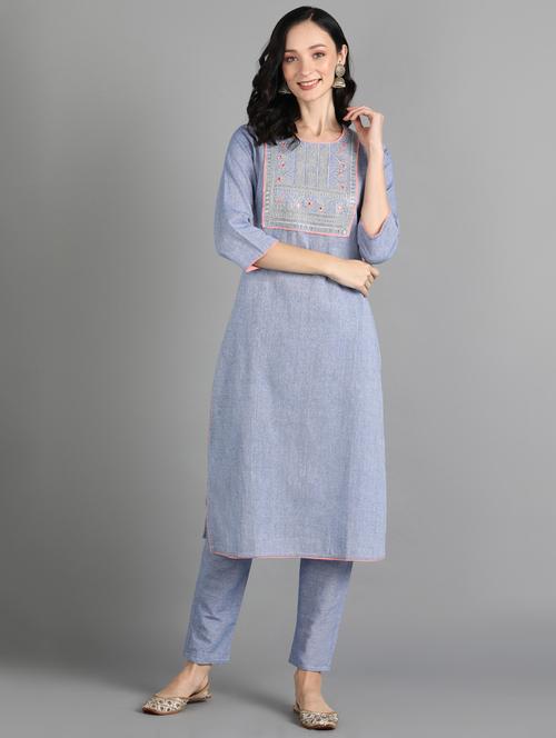 women purist blue round neck kurta pant set with dupatta - 20948922 - Very Small Image - 1