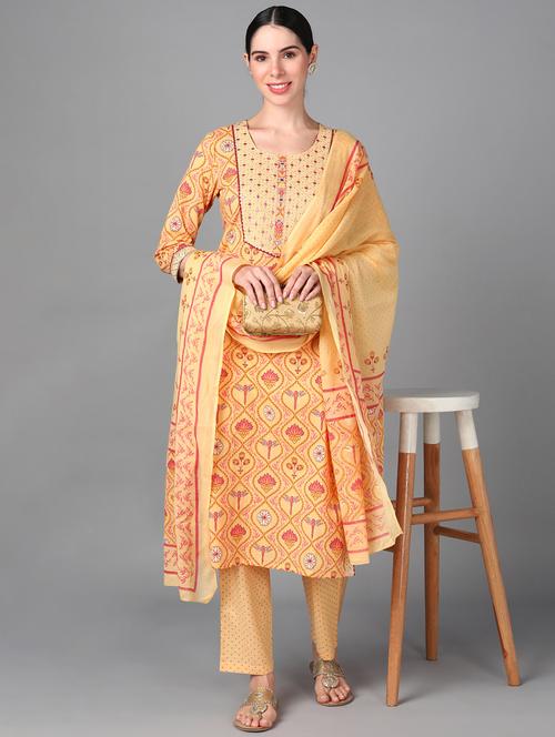 women yellow round neck kurta pant set with dupatta - 20948928 - Very Small Image - 1