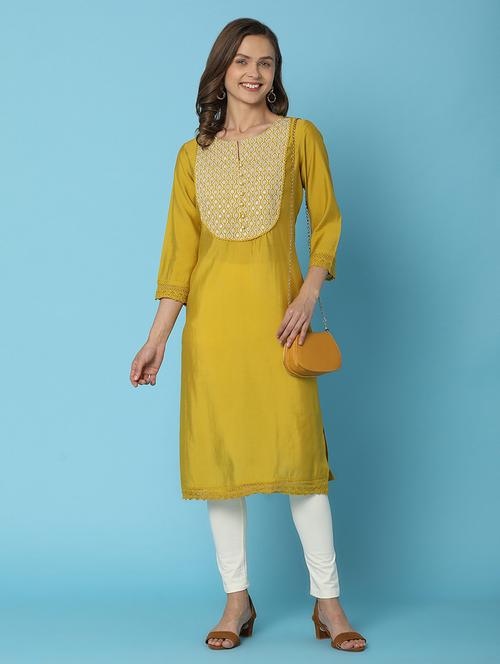 yellow embroidered straight kurta - 20957383 - Very Small Image - 1