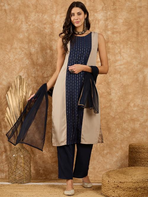 women navy blue sleeveless kurta pant with dupatta set - 20957696 - Very Small Image - 1