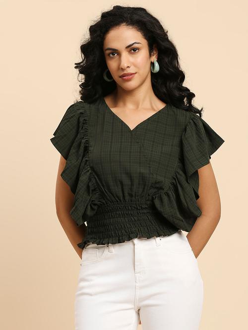 women dark green checks crop top - 20958657 - Very Small Image - 1