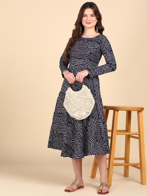 women navy blue round neck flared dress - 20960424 - Very Small Image - 1