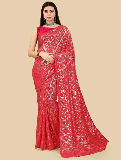 wome red sequin work georgette saree with blouse - 20960471 - Very Small Image - 1