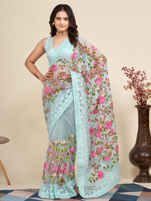 women light blue embroidered saree with blouse - 20960488 - Very Small Image - 1