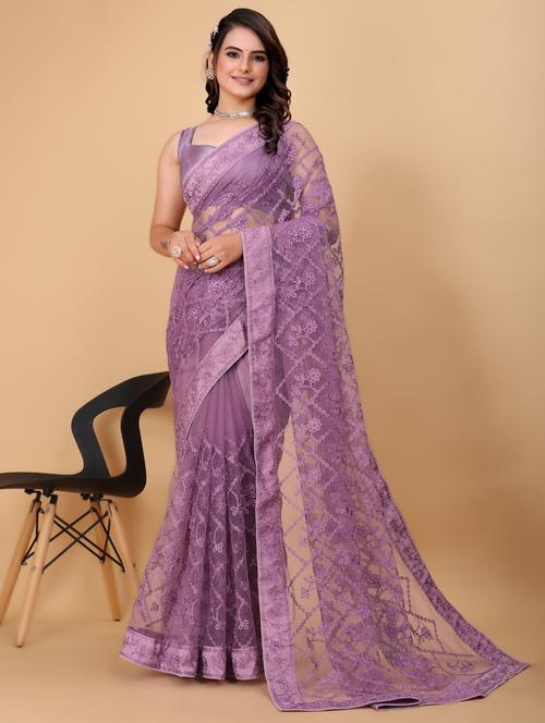 lavender net embroidered saree with blouse - 20960493 - Very Small Image - 1