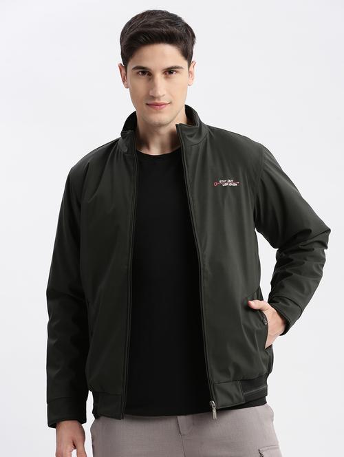 olive green self design detailed casual jacket - 20960637 - Very Small Image - 1