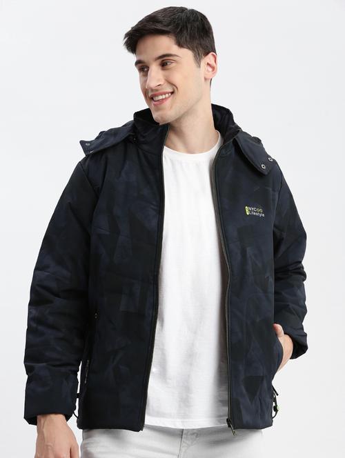 navy blue self design detailed casual hooded jacket - 20960638 - Very Small Image - 1