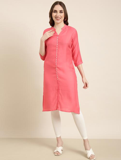 women pink mandarin neck straight kurta - 20960955 - Very Small Image - 1