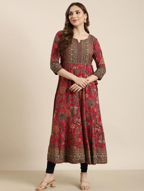 women maroon notch neck flared kurta - 20961031 - Very Small Image - 1