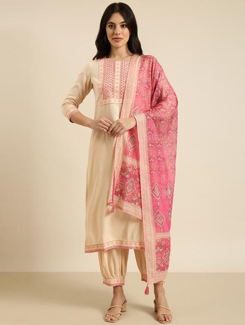 women cream round neck kurta salwar set with dupatta - 20961131 - Very Small Image - 1