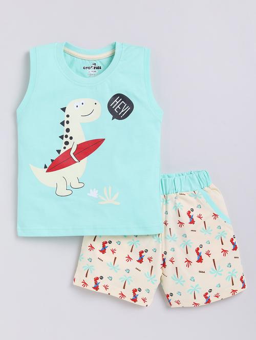 green printed detailed t-shirt & shorts set - 20961573 - Very Small Image - 1