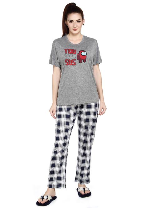 women grey printed top & pyjama set - 20962147 - Very Small Image - 1