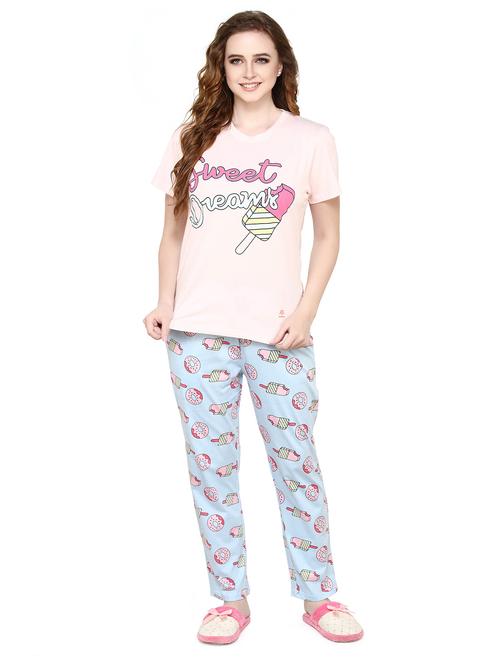 pink & blue printed detailed top & pyjama set - 20962151 - Very Small Image - 1