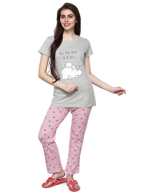 women round neck printed pyjama nightwear set - 20962180 - Very Small Image - 1