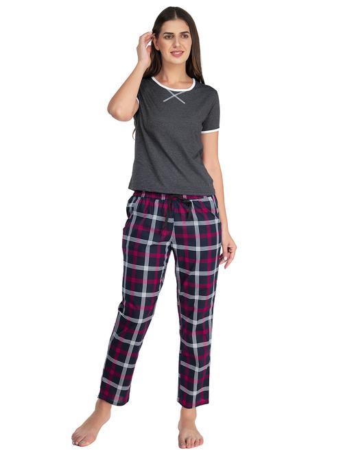 women round neck checks pyjama nightwear set - 20962239 - Very Small Image - 1