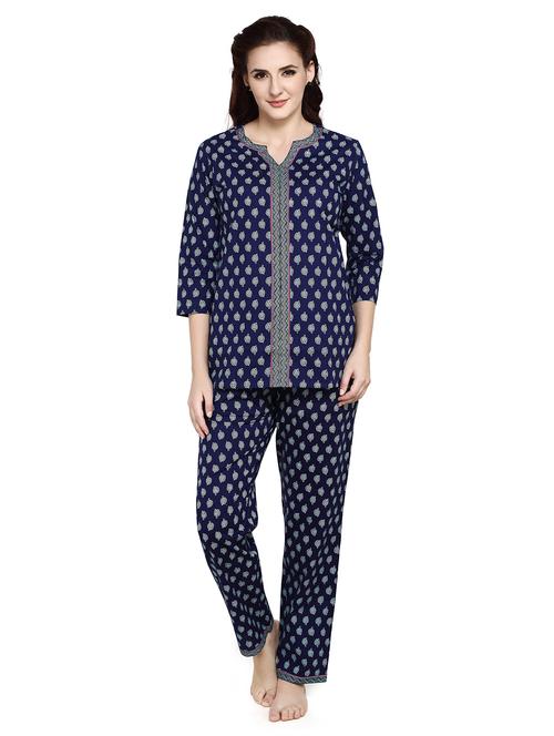 women navy blue printed pyjama nightwear set - 20962247 - Very Small Image - 1