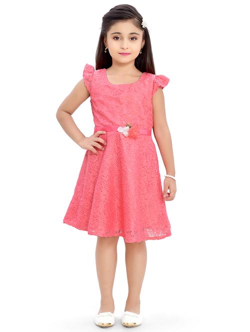 coral pink self design belt detailed frock - 20962490 - Very Small Image - 1
