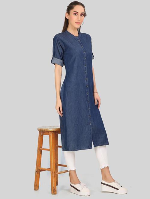 women blue mandarin neck straight kurta - 20963305 - Very Small Image - 1