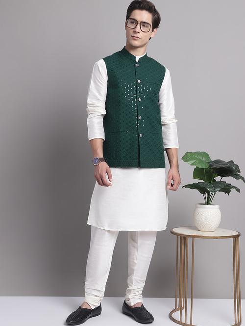 men solid with work sleeveless regular fit nehru jacket - 20963806 - Very Small Image - 1