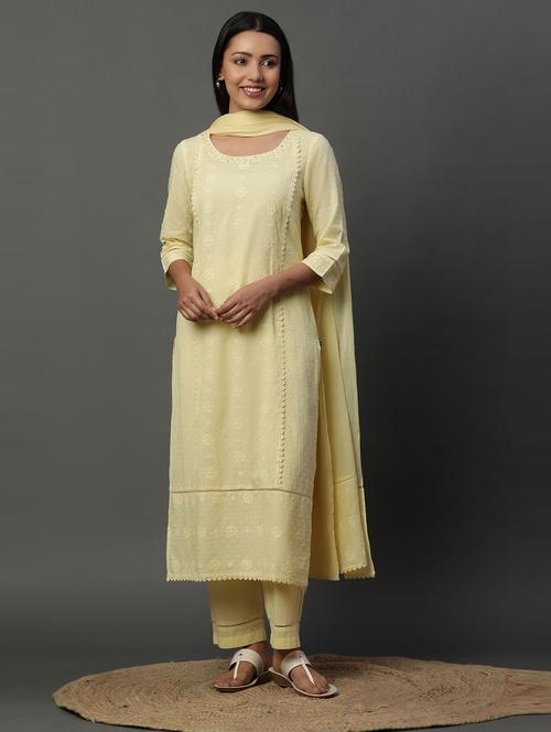 women yellow round neck kurta pant set with dupatta - 20968205 - Very Small Image - 1