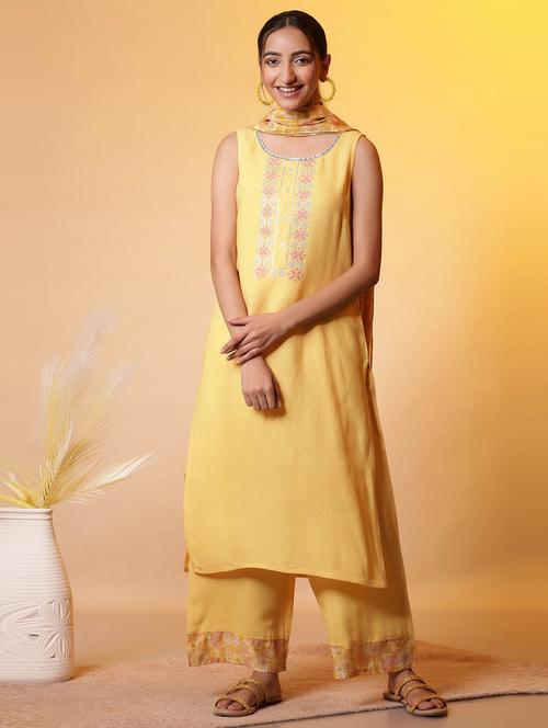 women yellow round neck kurta palazzo set with dupatta - 20968237 - Very Small Image - 1